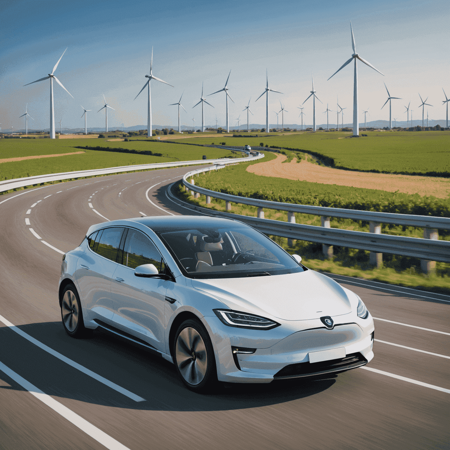 Een moderne elektrische auto rijdend op een snelweg met windmolens op de achtergrond, symboliserend de revolutie in elektrische voertuigen