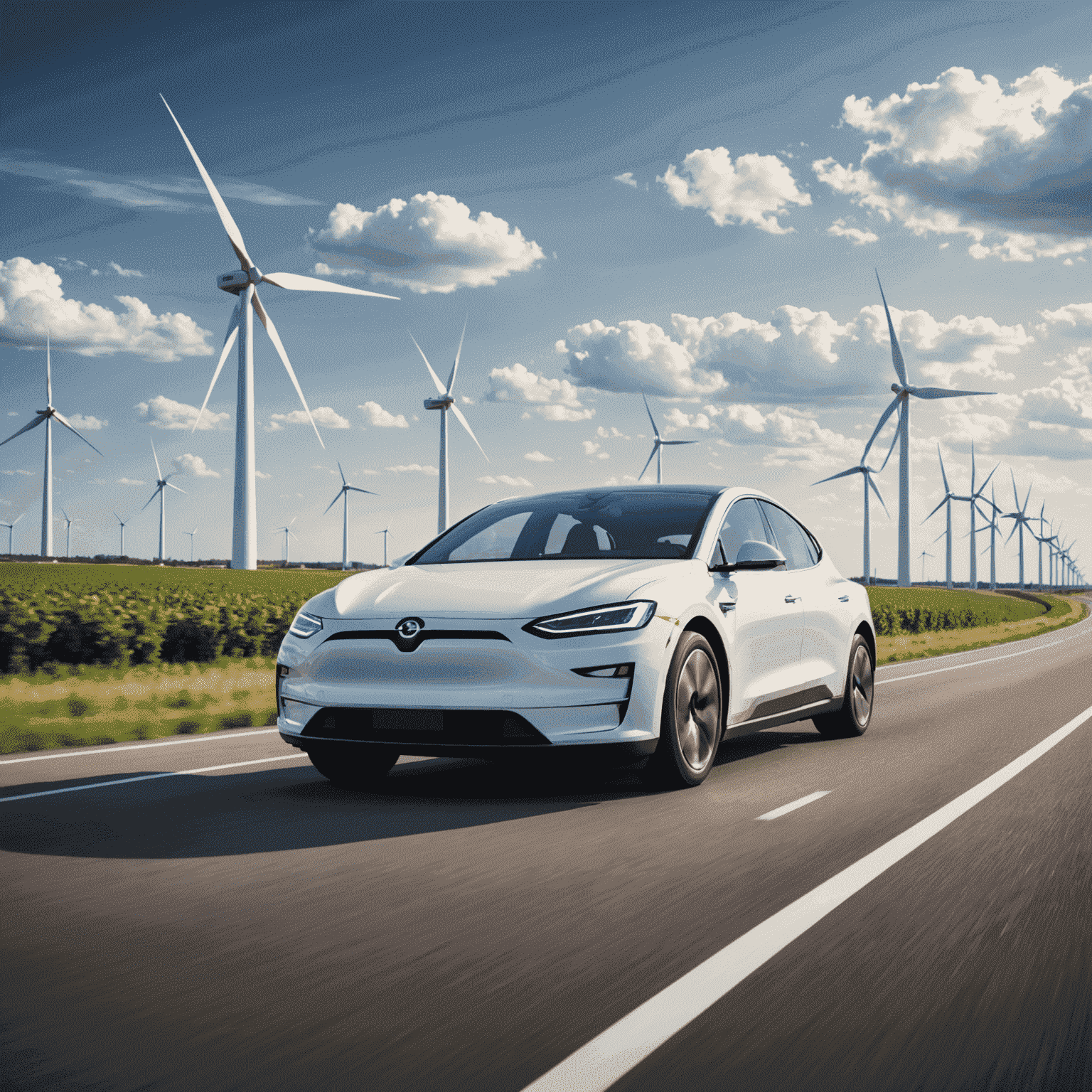 Een moderne elektrische auto rijdt op een snelweg met windmolens op de achtergrond, wat de toekomst van duurzaam vervoer symboliseert