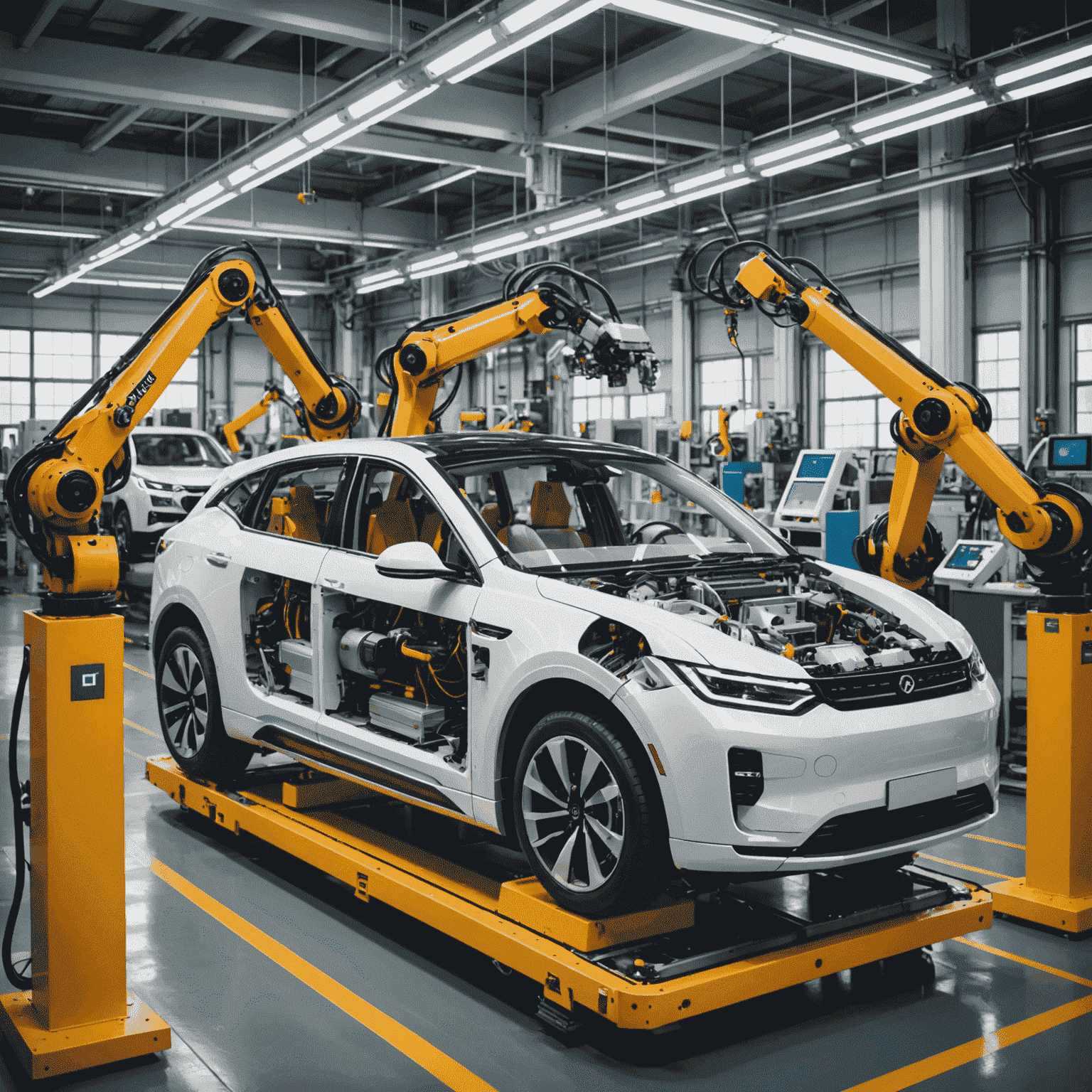 Een moderne autofabriek waar robots elektrische voertuigen assembleren, wat de transformatie van de auto-industrie illustreert