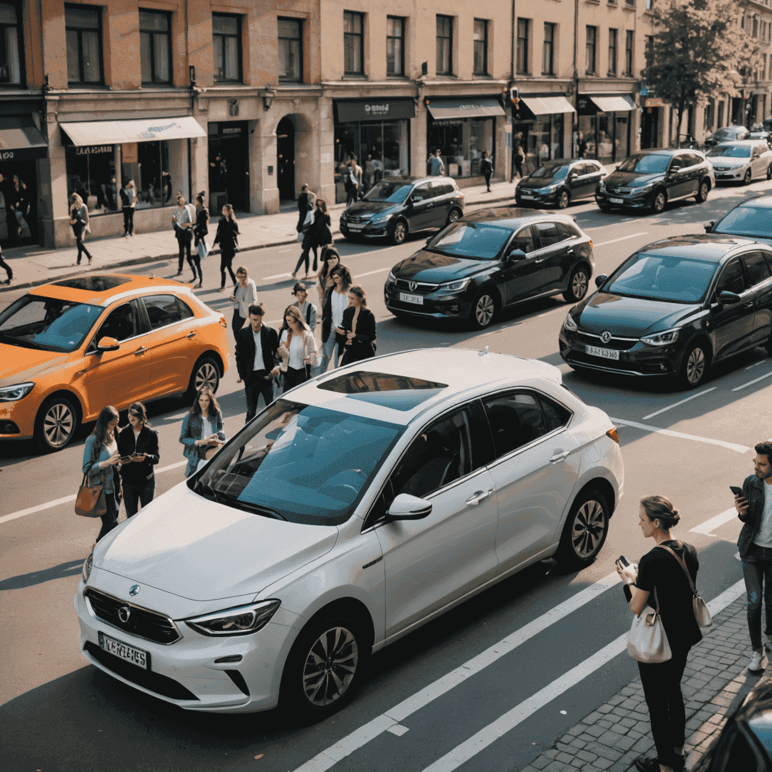 Een groep mensen die een auto delen via een mobiele app, wat de opkomst van autodeelplatforms in stedelijke gebieden laat zien